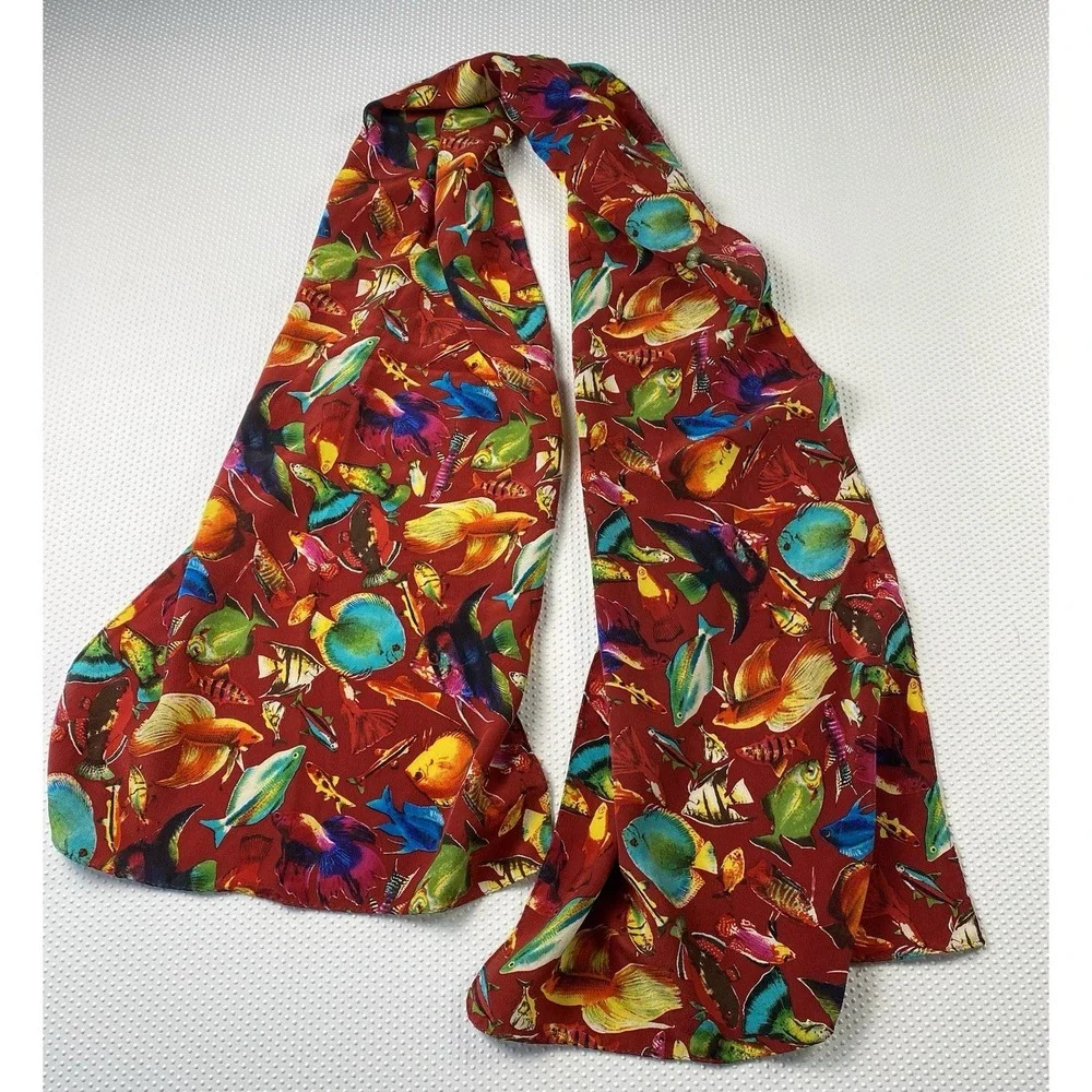 Casca Scarf 100% Silk Red Maroon Burgundy Tropical Fish Print RN64135